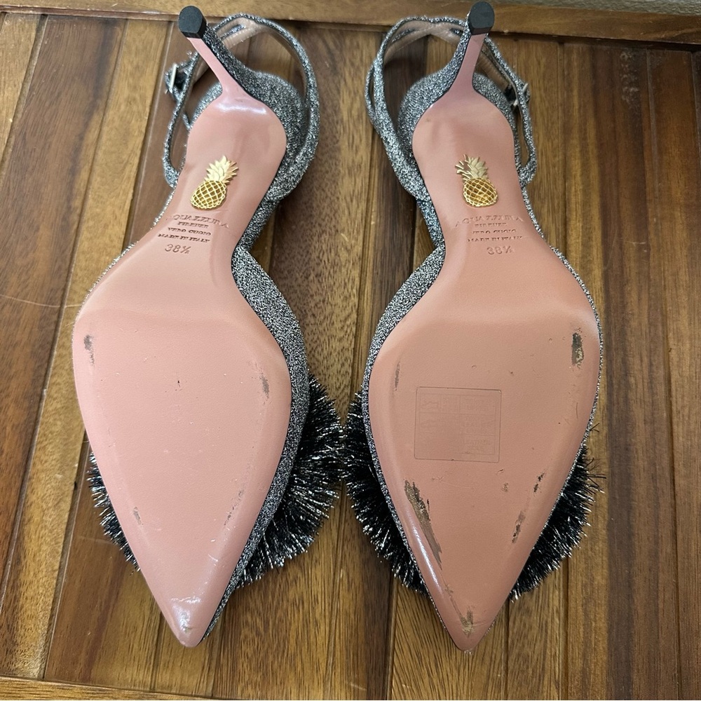 Aquazzura Firenze Silver Sparkly Metallic Powder Puff Slingback 38.5 - Picture 13 of 16